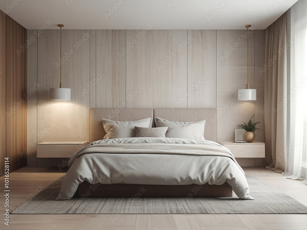 Bedroom in a modern minimalist light style. Bed with a soft headboard, modern lamps, a full-length wardrobe.