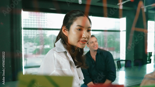 Young confident businesswoman present project to expert investor. Professional project manager uses sticky notes to explain startup project, sharing brainstorming ideas to investor. Manipulator.