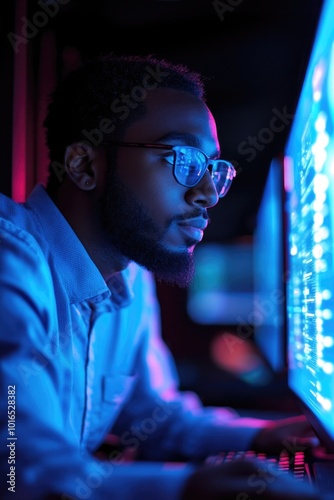 Wallpaper Mural A person wearing glasses sits in front of a computer screen, focused on the task at hand. Torontodigital.ca