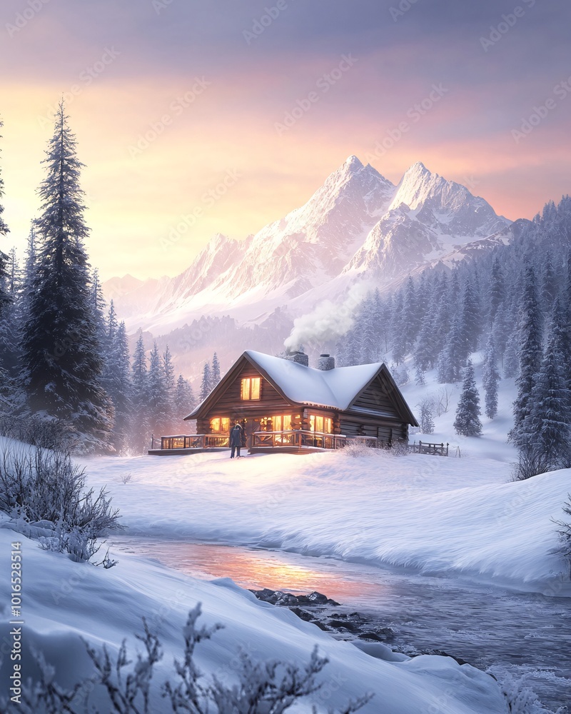Cozy Alpine Chalet in Snow-Capped Mountains at Sunset with Glowing Lights Cozy Alpine Chalet in Snow-Capped Mountains at Sunset with Glowing Lights