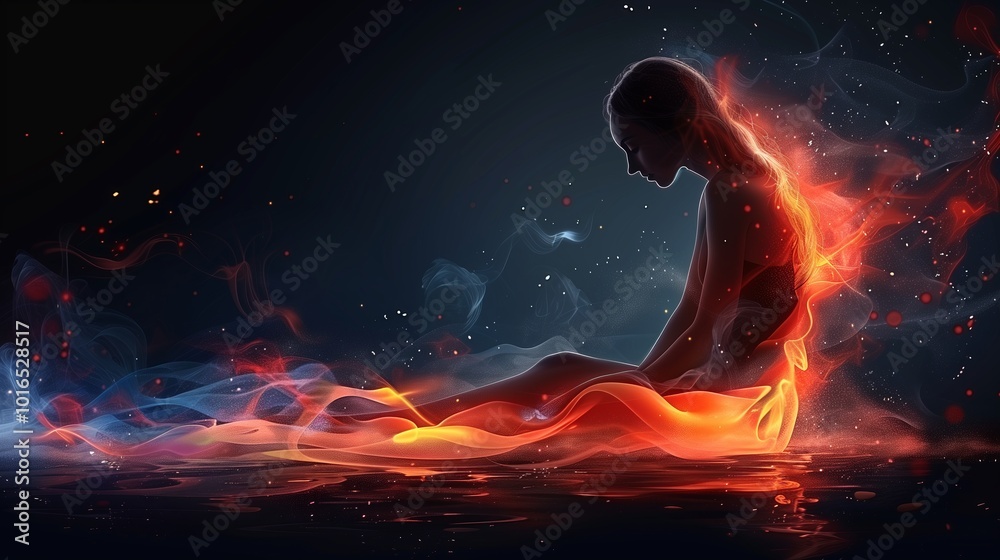 A Figure Surrounded by Flickering Flames Sits in a Tranquil Pool of Water at Dusk