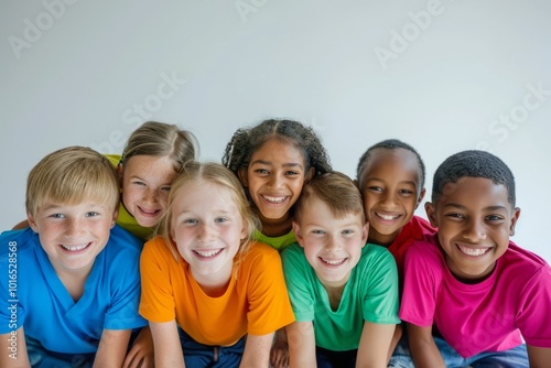 Group of happy kids smiling and looking at the camera in a studio