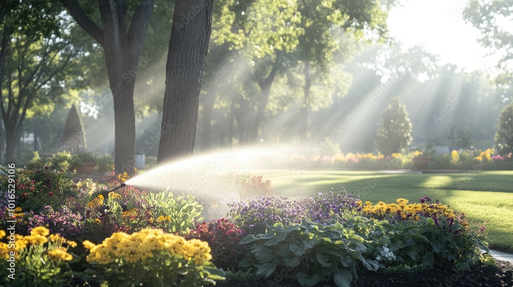 A misty spray from a garden hose watering a colorful bed of flowers and shrubs, with sunlight streaming through the trees