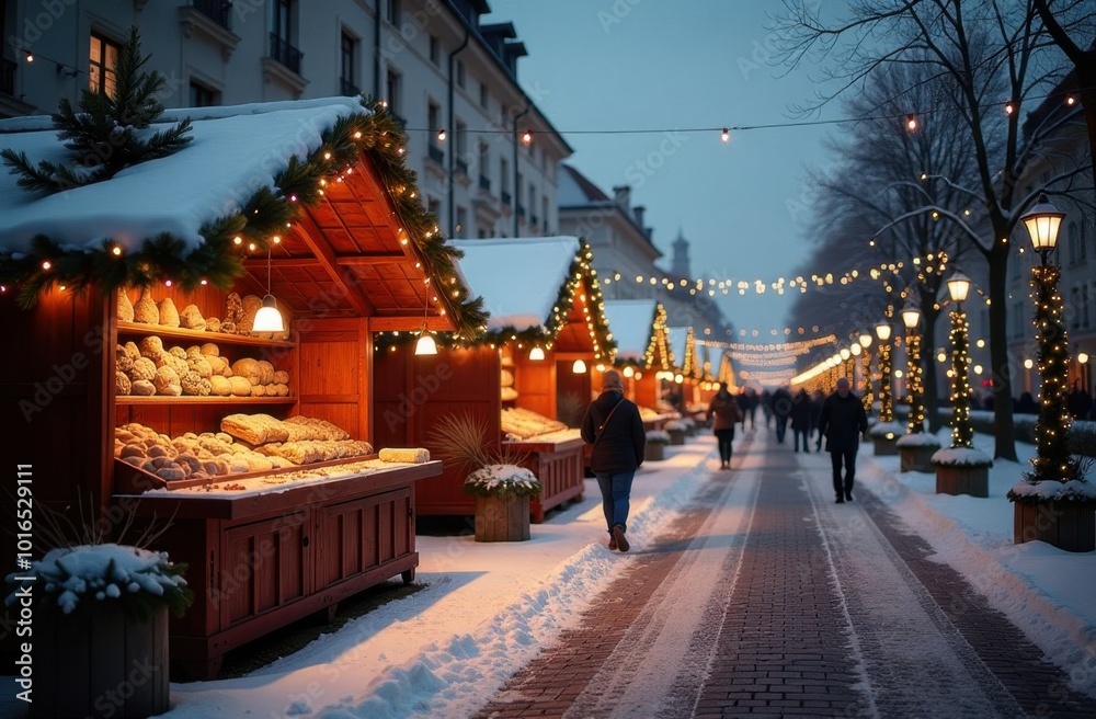 Christmas outdoors winter street. Christmas market in Europe. Generative AI tools Christmas outdoors winter street. Christmas market in Europe. Generative AI tools