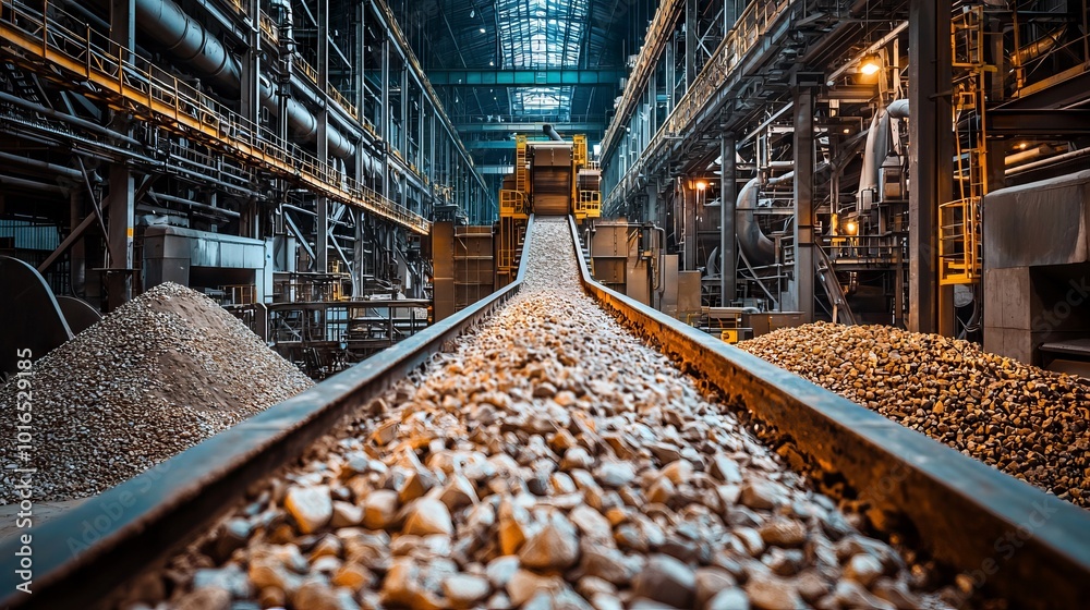 Industrial conveyor transporting gravel in a large factory Industrial conveyor transporting gravel in a large factory