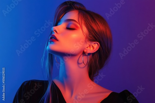 A woman wearing a black top and earrings, perfect for portraits or editorial use.