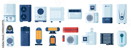 Heating system. Gas boilers and electric radiators devices set icon