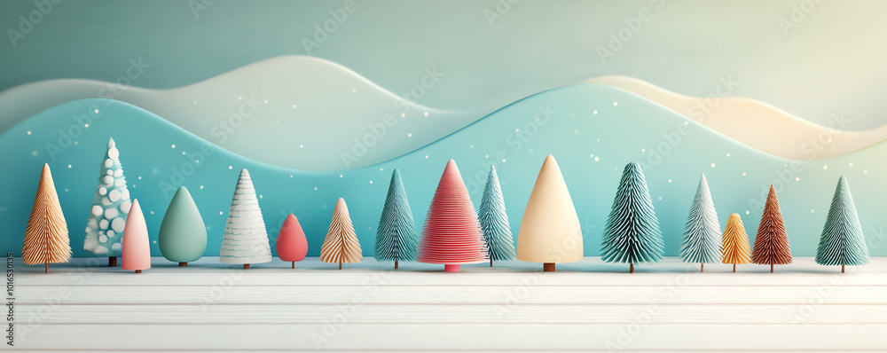 Obraz premium Handcrafted mini Christmas trees, vibrant holiday decorations, 3D illustration