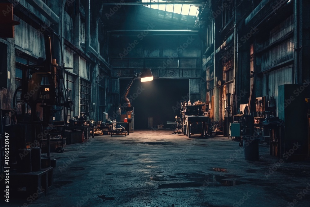 Abandoned industrial warehouse filled with old furniture and machinery.