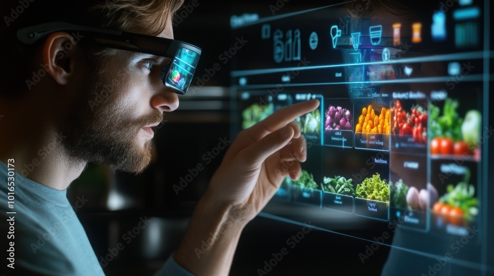 Man explores virtual produce in futuristic interface. Man explores virtual produce in futuristic interface.