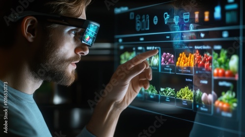 Man explores virtual produce in futuristic interface. photo