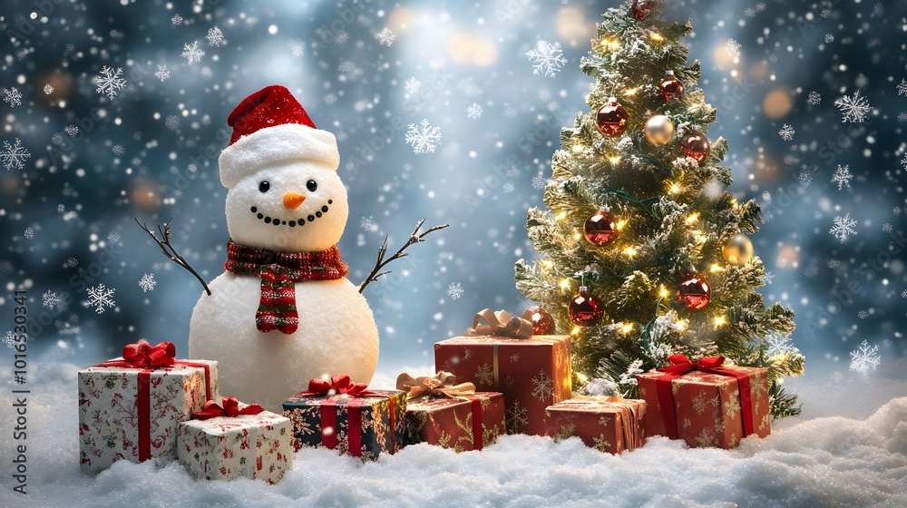 Snowman, Christmas Tree, and Presents in a Winter Wonderland Snowman, Christmas Tree, and Presents in a Winter Wonderland