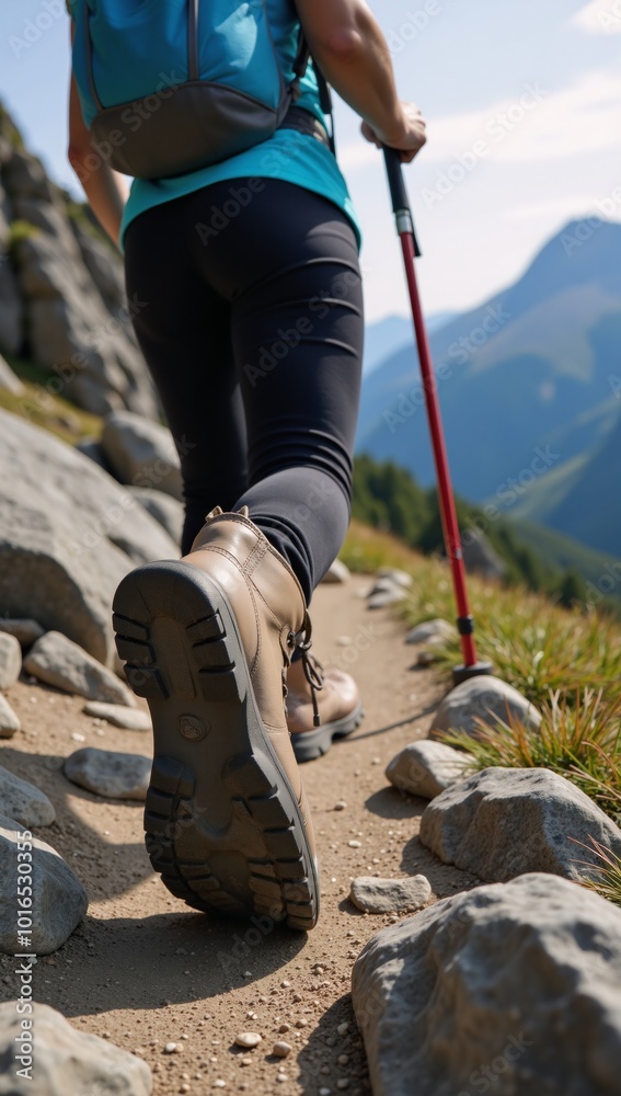 A hiking woman is captured climbing a challenging mountain trail with trekking poles the image emphasizes intricate details of her boots A hiking woman is captured climbing a challenging mountain trail with trekking poles the image emphasizes intricate details of her boots