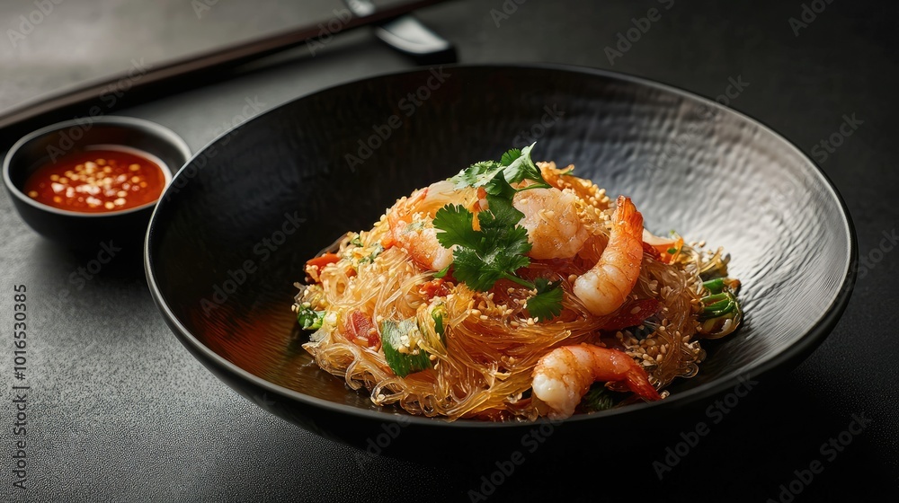 A modern food photography shot of fried bee hoon served in a sleek black bowl, paired with chopsticks and a dipping sauce A modern food photography shot of fried bee hoon served in a sleek black bowl, paired with chopsticks and a dipping sauce