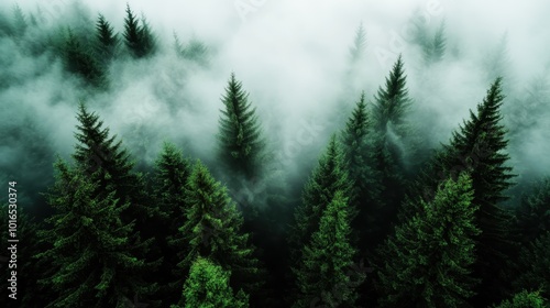 An aerial view of a lush pine forest enveloped in thick fog, creating a mysterious and serene atmosphere, perfect for nature lovers seeking tranquility and peace.