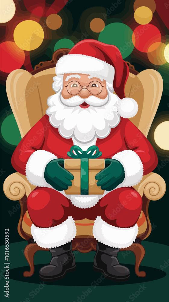 Santa Claus holding a gift with festive lights in the background Santa Claus holding a gift with festive lights in the background