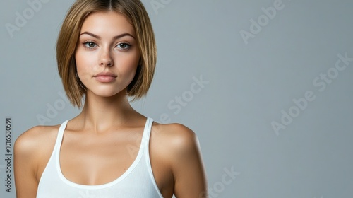 Beautiful brunette in white t-shirt doing breast self-examination Breast Cancer female breast, support, prevention, mammography, screening, oncology, cancer treatment.