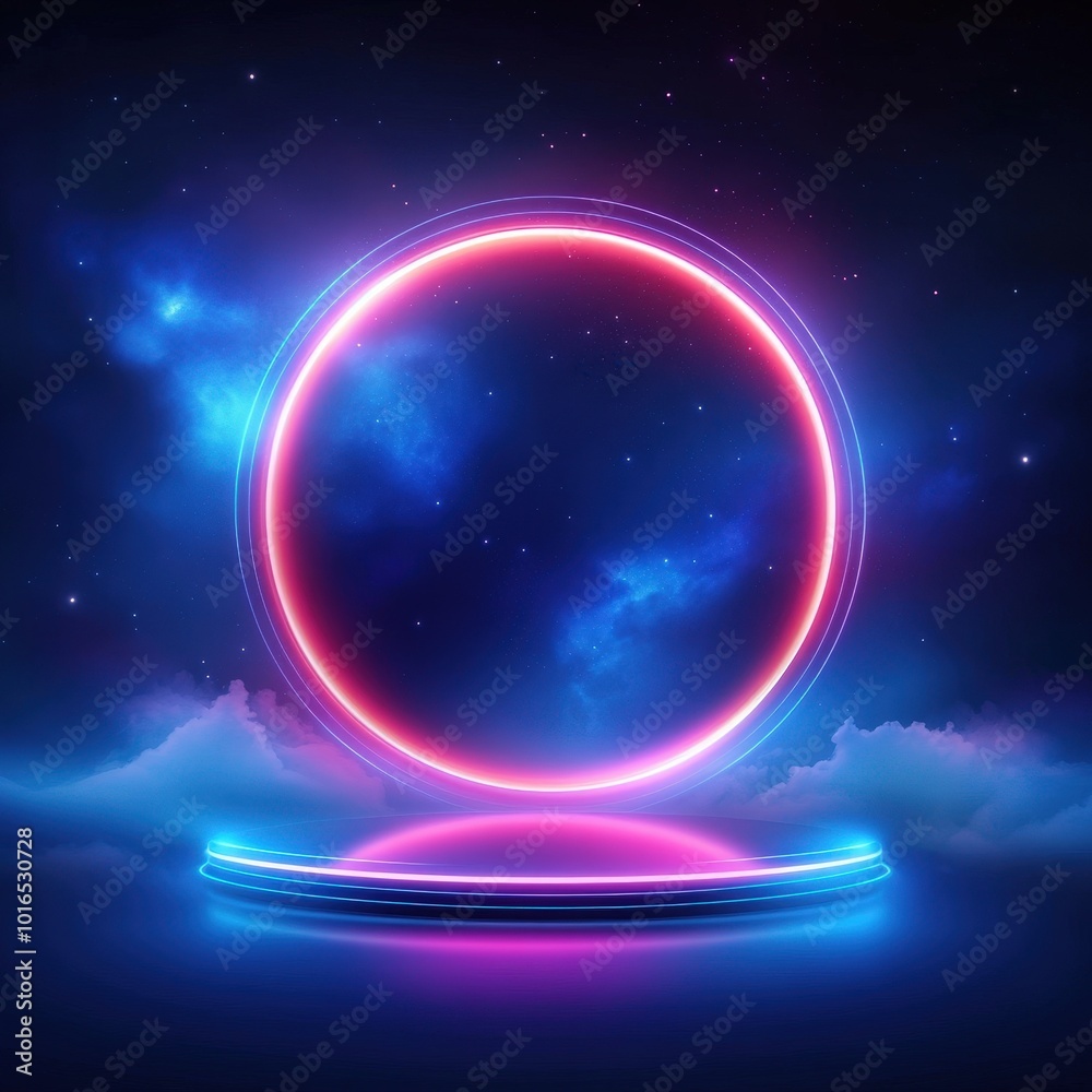 Fototapeta premium Futuristic Neon Circle with Platform in a Starry Sky.