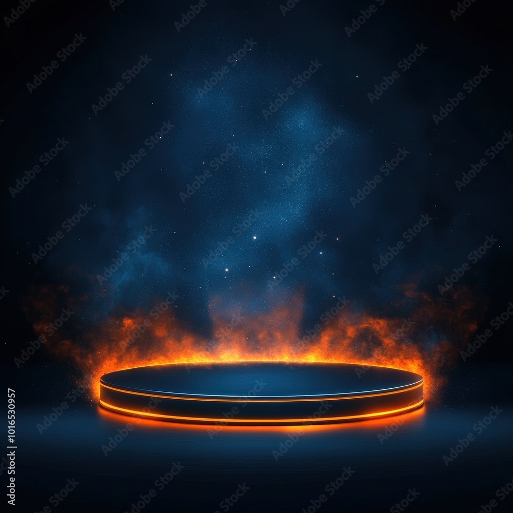 Glowing Platform with Orange Flames and Blue Nebula Background Glowing Platform with Orange Flames and Blue Nebula Background