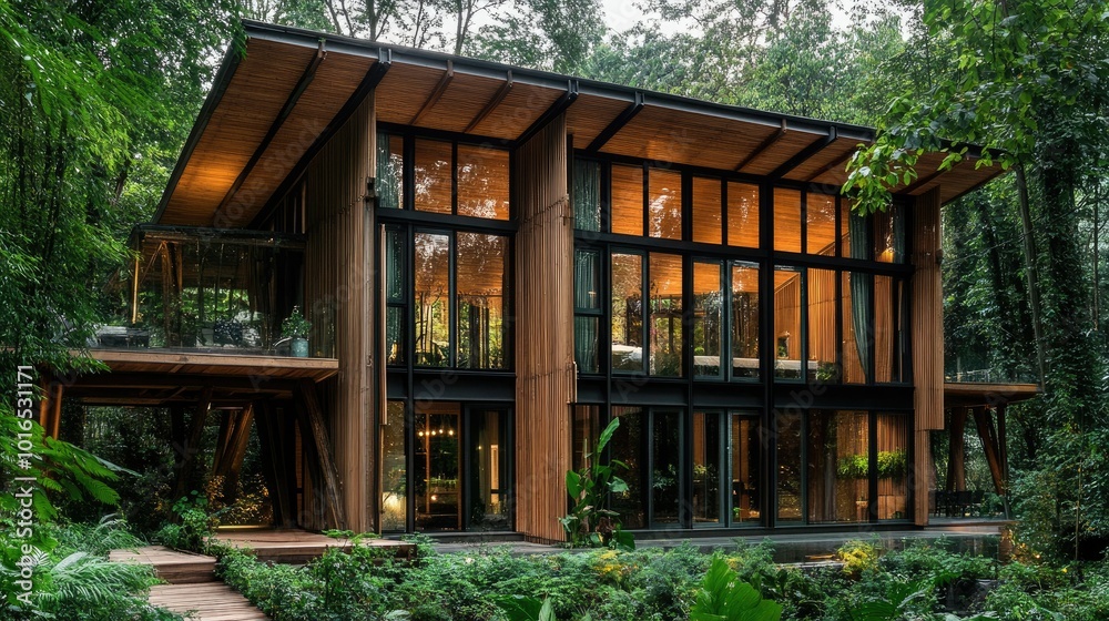 A nature-inspired eco-friendly building made from timber and recycled materials, blending seamlessly into its forest surroundings with large glass windows A nature-inspired eco-friendly building made from timber and recycled materials, blending seamlessly into its forest surroundings with large glass windows