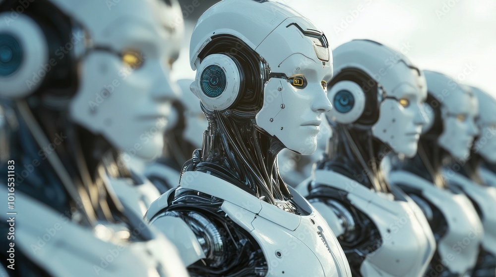 Fototapeta premium Robots perfectly aligned representing unity and precision.