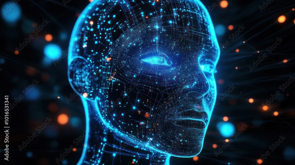 Glowing digital face grid with vibrant connections