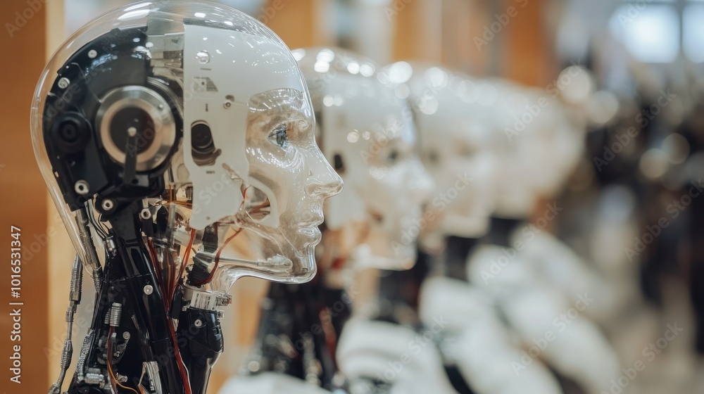 Fototapeta premium Row of humanoid robots with exposed mechanical parts