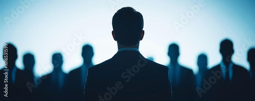 A person stands out from the crowd, surrounded by silhouettes of other people Competition among staff conceptHiring by competition among candidates
