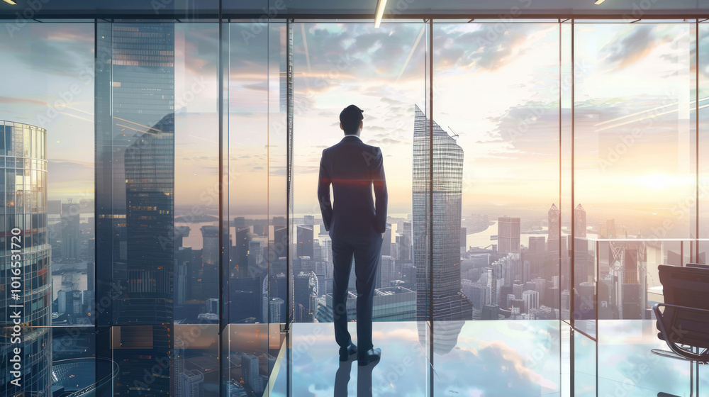 A powerful business leader in a sleek office, overlooking a city skyline, ready to discuss future business opportunities and strategic growth A powerful business leader in a sleek office, overlooking a city skyline, ready to discuss future business opportunities and strategic growth