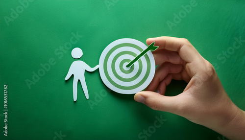 Hand holding target paper cut, achieve on point, sustianable challenge goal, business objective plan concept
 photo