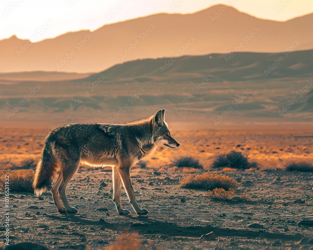 Coyote Silhouette in Arid Desert Landscape at Dusk with Dramatic Lighting