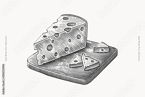 A hand-drawn vintage illustration of a cheese block with slices on a cutting board, in a engraving style.