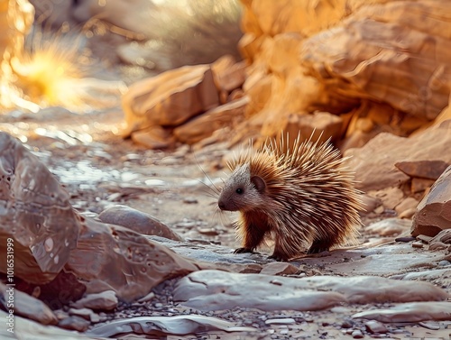 Curious Porcupine Navigating Dry Rocky Canyon with Vibrant Quills photo