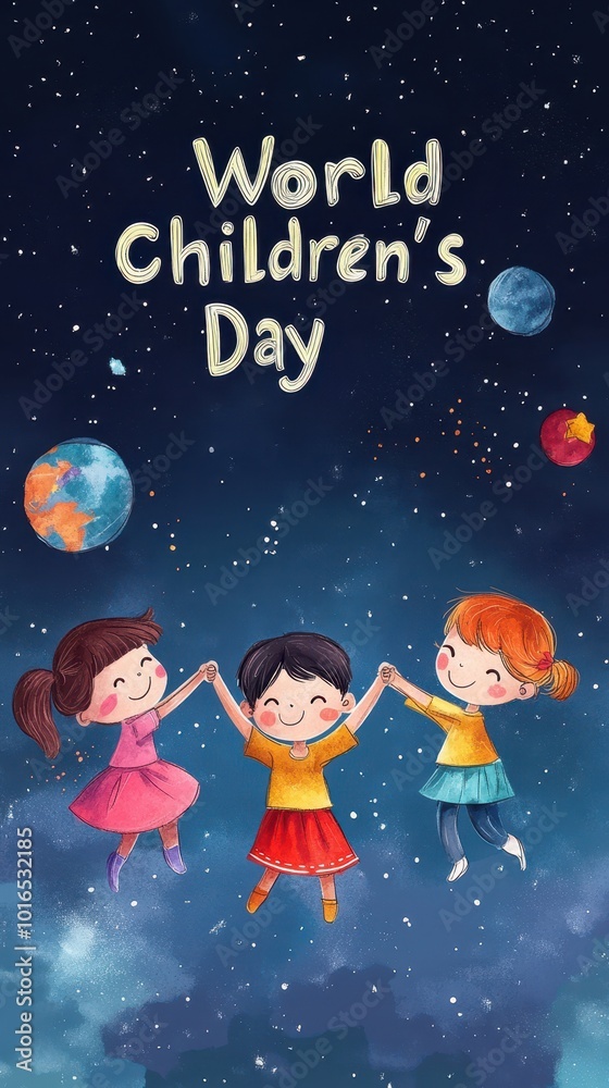 Naklejka premium Three happy children celebrate World Children's Day while holding hands against a cosmic backdrop