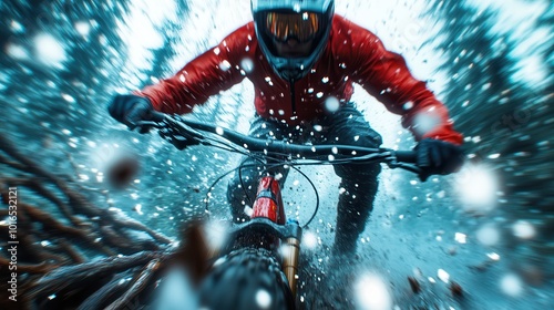 A daring cyclist navigates a snowy forest trail at high speed, wearing protective gear and a red jacket, capturing the thrill of extreme sports. photo