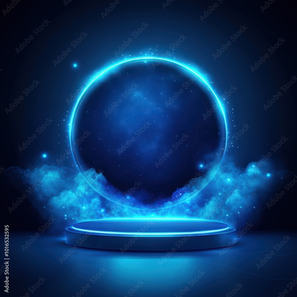 Fototapeta premium Futuristic Blue Neon Circle with Smoke and Platform.
