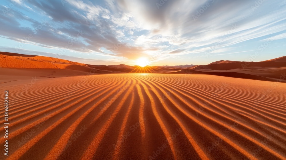 Naklejka premium A breathtaking sunrise casts golden hues over rippled desert dunes, highlighting the intricate patterns in the sand under a sky filled with dynamic clouds.
