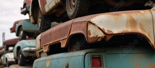 Abandoned decaying car pile-up with signs of neglect