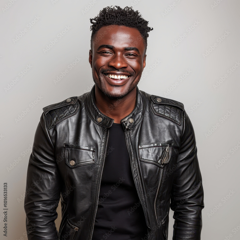 Obraz premium Portrait of a smiling black-haired African male model in his 30s wearing a stylish leather jacket
