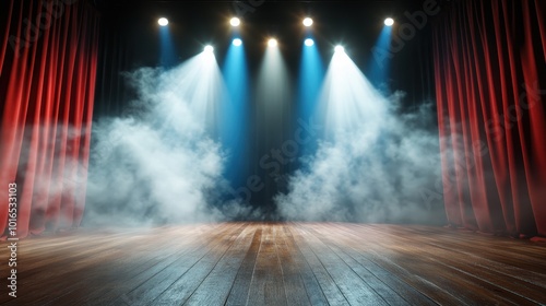 A stage with dramatic lighting where beams of light penetrate through smoke onto the wooden floor, enhancing the dynamic and creative setting of a theater.