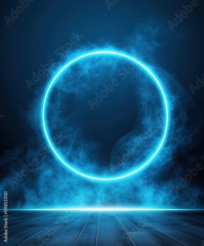 Glowing Circle in Smoke and Fog on Wooden Floor.