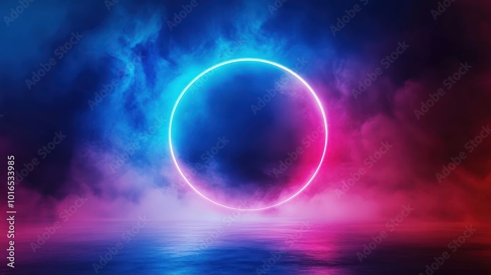 Neon Circle Light in Foggy Landscape. Neon Circle Light in Foggy Landscape.