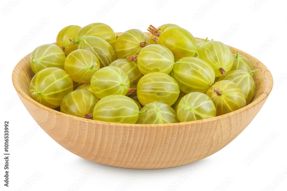 Green gooseberry in wooden bowl isolated on white background with full depth of field Green gooseberry in wooden bowl isolated on white background with full depth of field