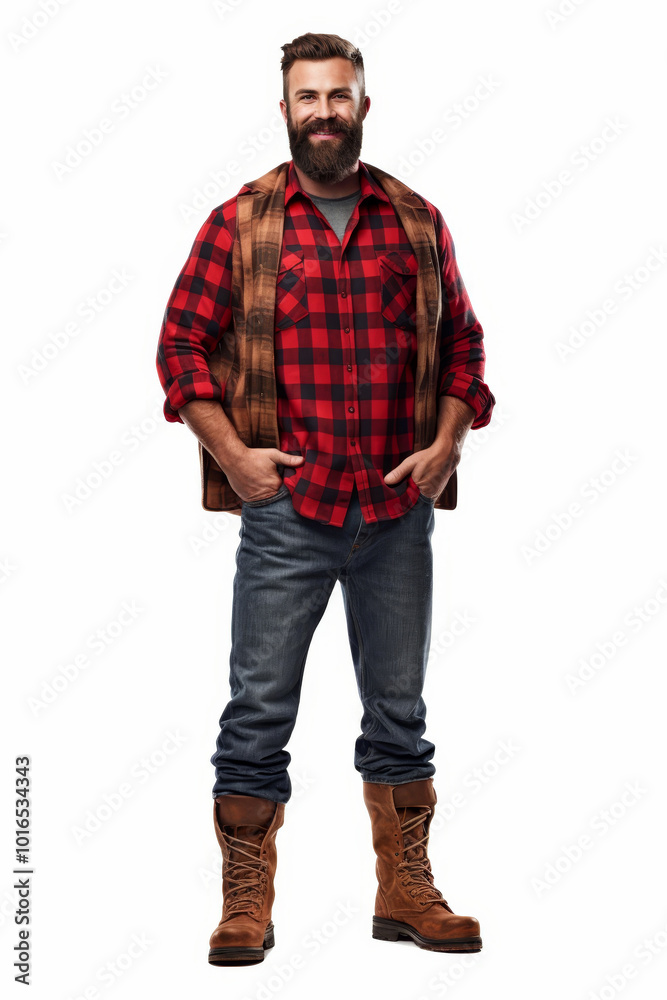Smiling lumberjack in plaid shirt and jeans with hands in pockets. Full body shot isolated on white Smiling lumberjack in plaid shirt and jeans with hands in pockets. Full body shot isolated on white