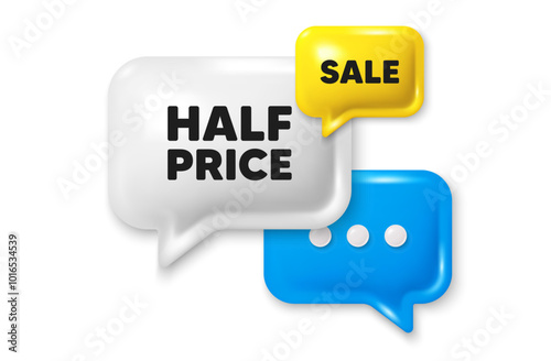 Half Price tag. Offer speech bubble 3d icon. Special offer Sale sign. Advertising Discounts symbol. Half price chat offer. Speech bubble sale banner. Discount balloon. Vector