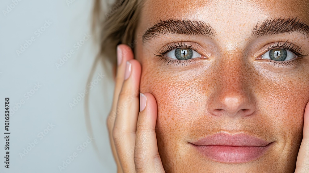 A close-up shot of a woman's face, showcasing her natural freckles and vibrant eyes, highlighting the beauty of genuine, untouched skin in high detail. A close-up shot of a woman's face, showcasing her natural freckles and vibrant eyes, highlighting the beauty of genuine, untouched skin in high detail.