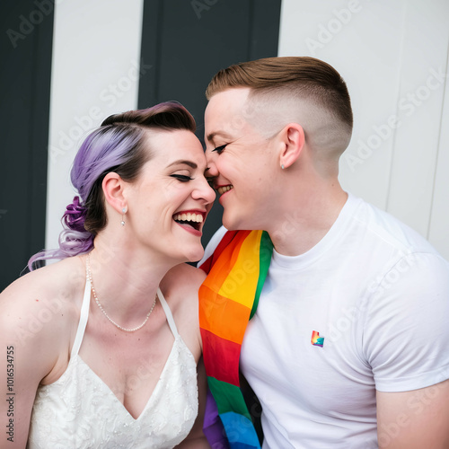 Wedding Day Joy | LGBTQ+ Couple Embracing | Romantic Outdoor Scene