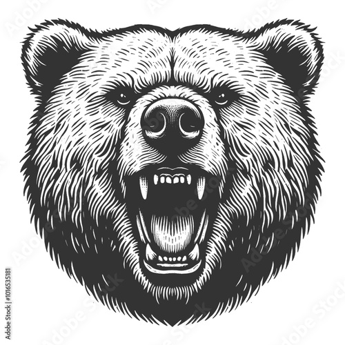 roaring growling grizzly bear head, tattoo. Powerful expression sketch engraving generative ai vector illustration. Scratch board imitation. Black and white image.