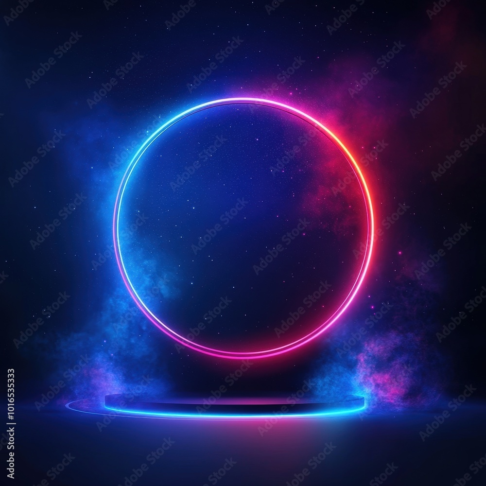 Obraz premium Neon Circle Light with Smoke and Stars Background