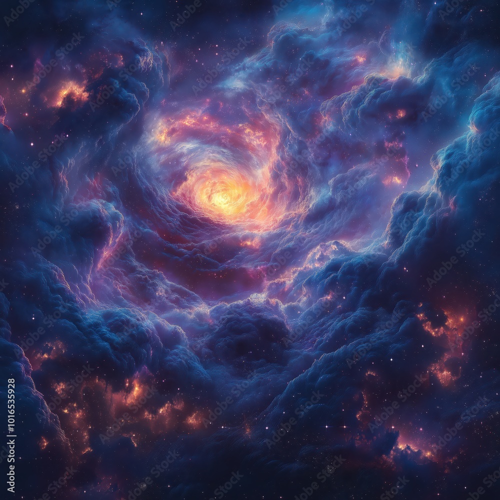 Vibrant Nebula in Deep Space with Swirling Clouds of Gas and Dust Illuminated by Stars Vibrant Nebula in Deep Space with Swirling Clouds of Gas and Dust Illuminated by Stars